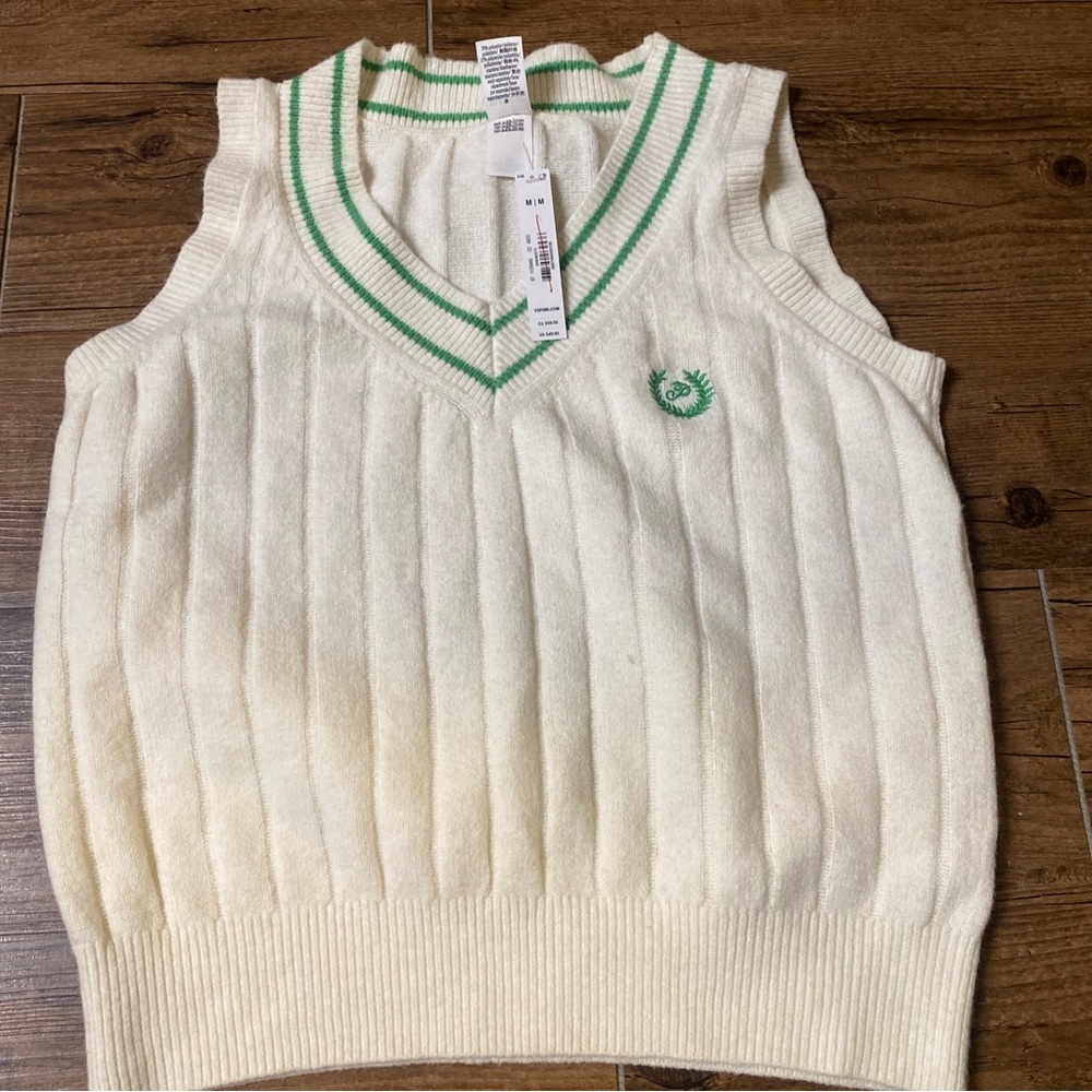 Pink Victoria secret Ivory Knit V-Neck Tennis Sweater Vest with Green Trim - Picture 5 of 8